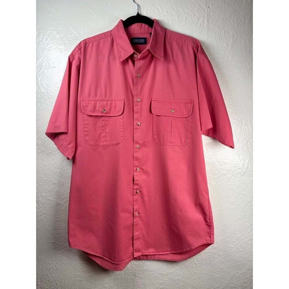 Lands End Button Down Shirt Mens L Tall Pink Short Sleeve Coastal Rugged Weekend